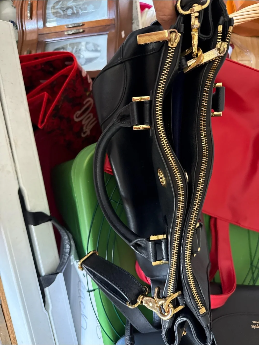 Tory Burch Black Leather Tote with Gold Logo